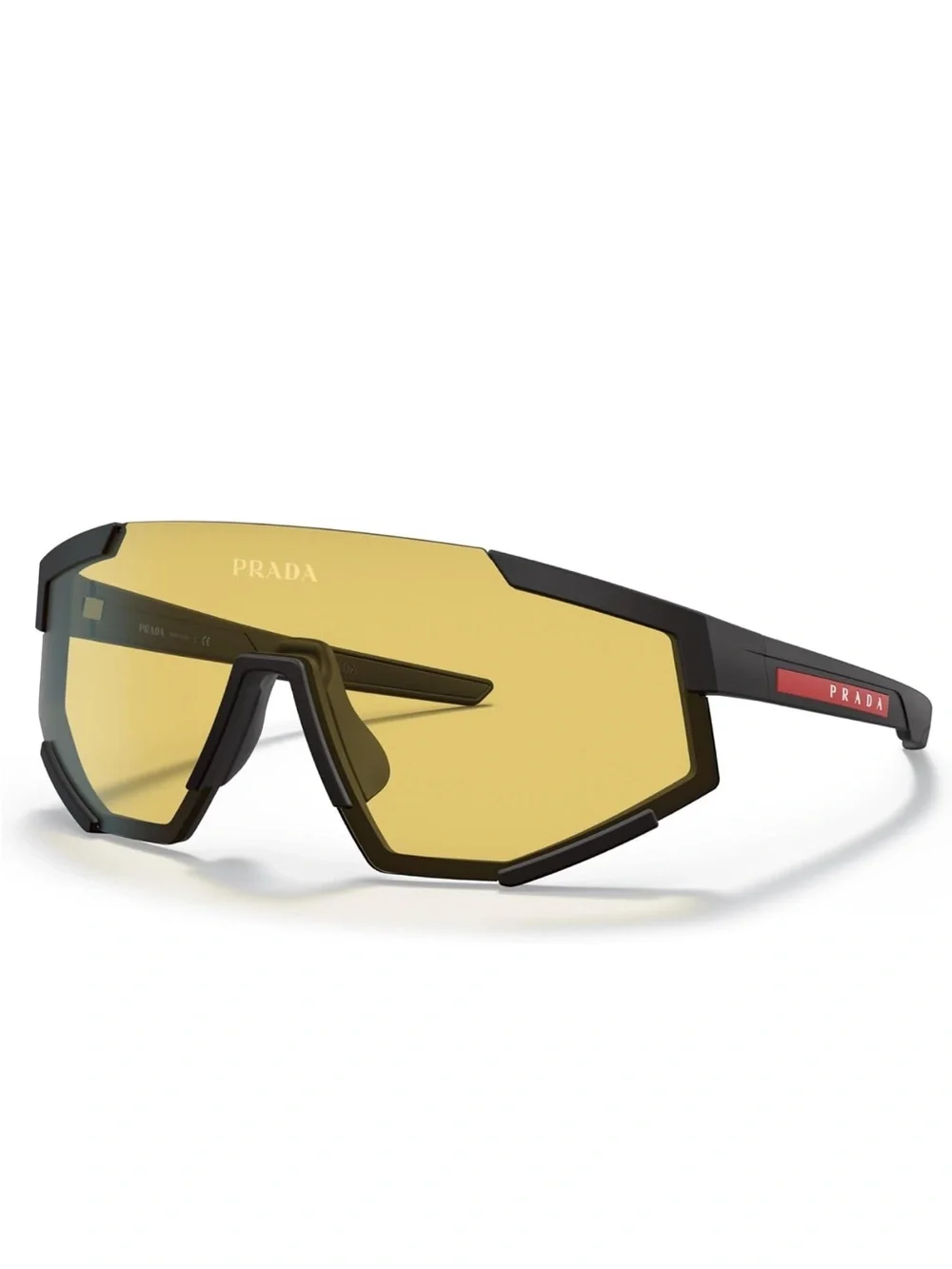 Prada Matte Black Sunglasses with Yellow Lenses and Red Logo